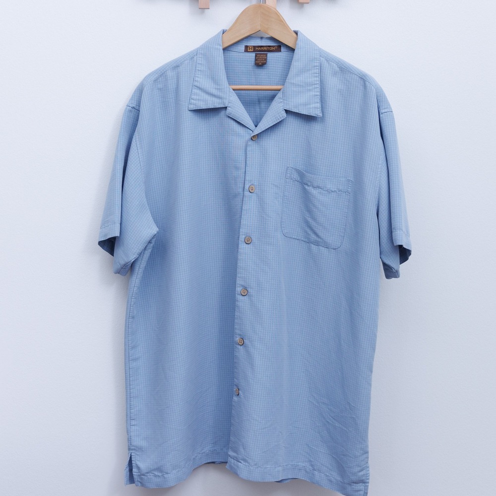 Harriton Mens XL Light Blue Micro Check Short Sleeve Button Down Shirt M560